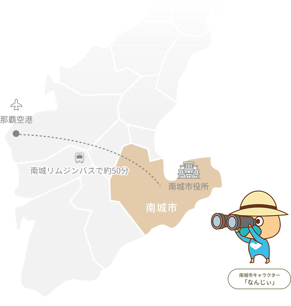 南城市は那覇空港から車で約40分 （南城市キャラクターなんじぃ）